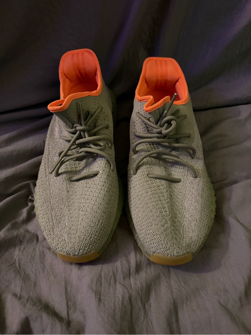 Yeezy Men's Knit Runner Shoes in Olive Green with Orange Lining